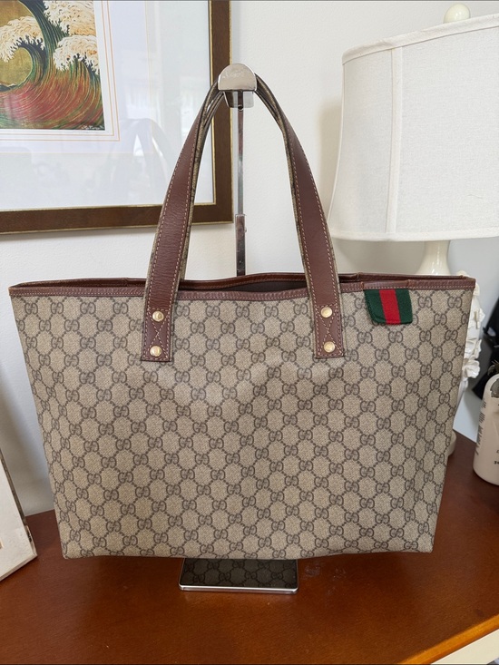 Gucci Handbags - Gucci Beige GG Coated Canvas Tote with Brown Leather Handles